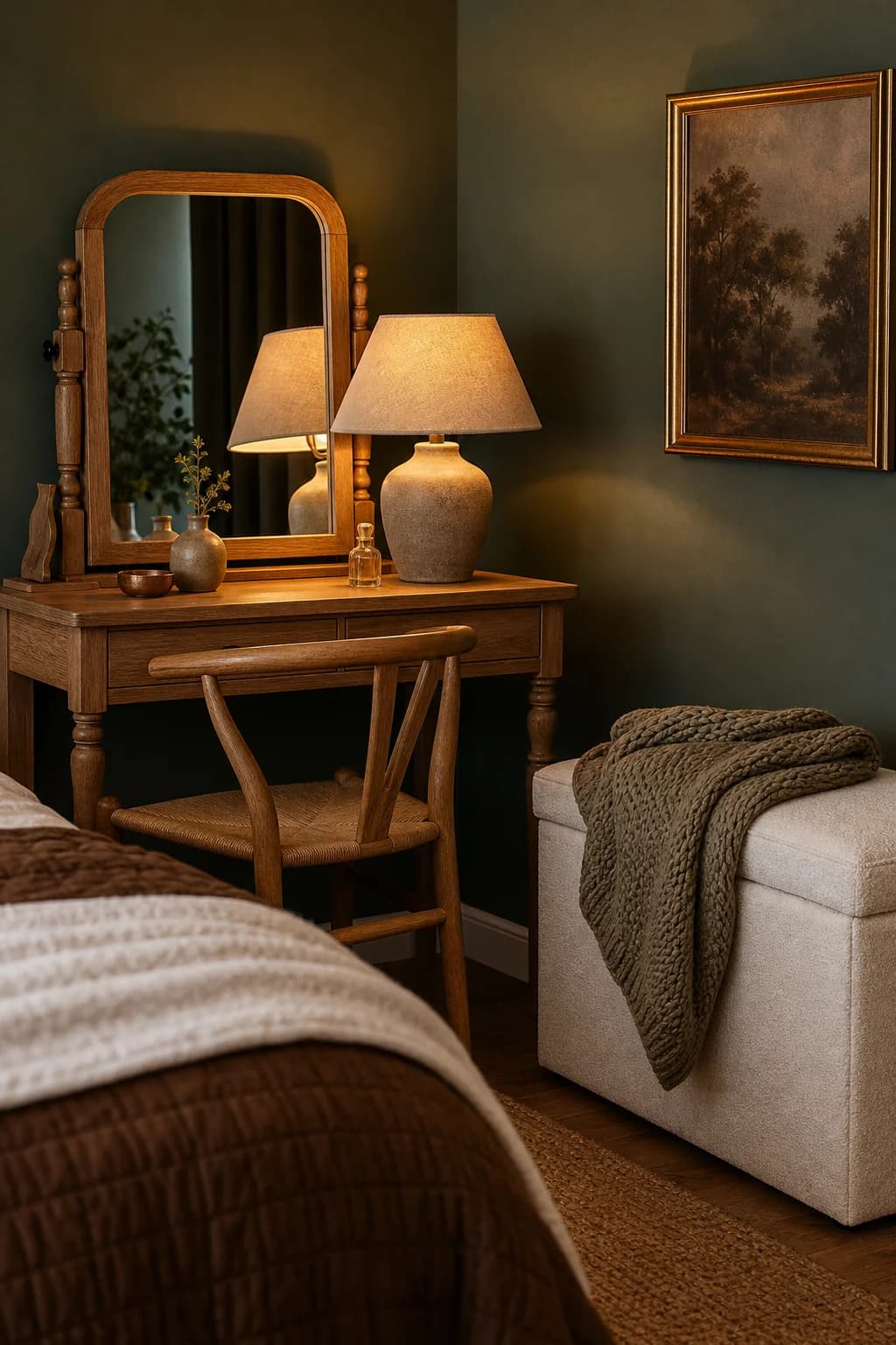 A bedroom corner with an oak dressing table, ceramic lamp and knitted throw